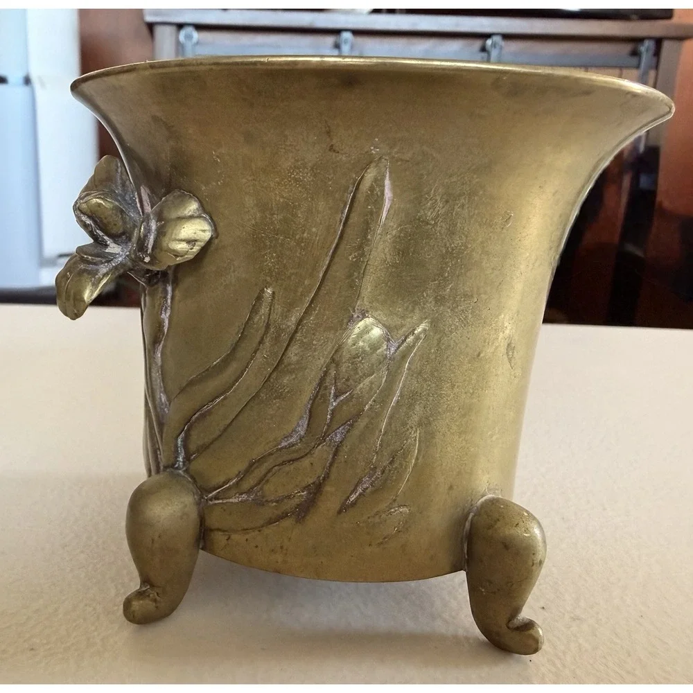 Antique Art Nouveau Brass Cachepot Iris Floral Footed Jardiniere Planter Vase